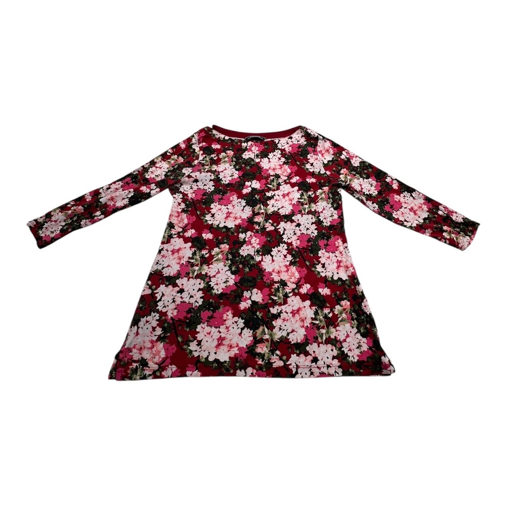 Lands End‎ Girls Floral Print Long Sleeve Shirt Dress Size S 6-8 Red Pink Cotton